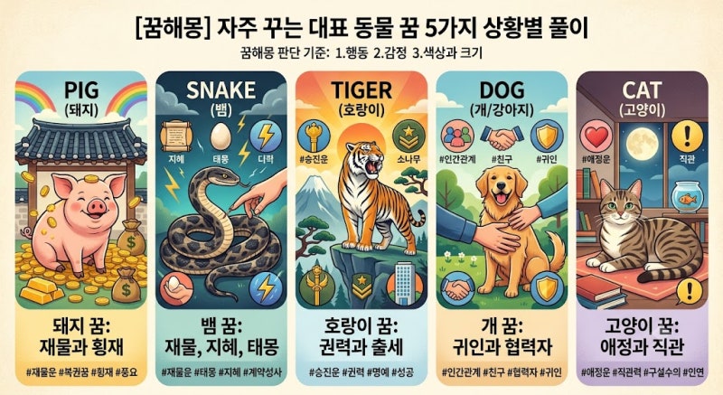 복권 사야 할까? 가장 많이 꾸는 대표 동물 꿈 5가지 완벽 해몽 (돼지·뱀·호랑이·개·고양이)