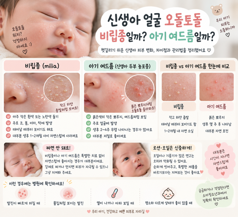 신생아 얼굴 오돌토돌 비립종일까? 아기 여드름과 차이, 짜도 될까요?