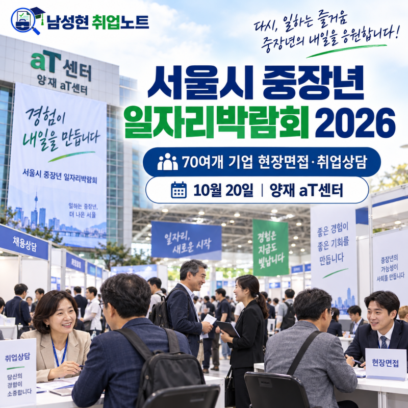 서울시 중장년 일자리박람회 2026｜70여개 기업 현장면접·취업상담｜10월20일 양재 aT센터