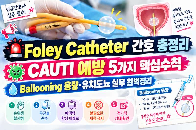 [임상간호 매뉴얼] 유치도뇨관(Foley Catheter) 간호: CAUTI 예방 5가지 수칙 및 Ballooning 용량, DAR 간....