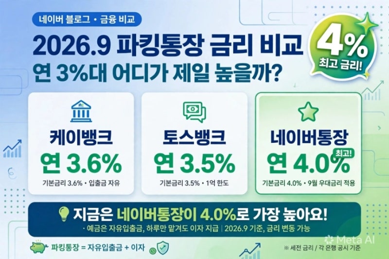 2026년 9월 파킹통장 금리 비교, 연 3%대 어디가 제일 높을까? (ft. 4%대 찾는 쪼개기 전략)