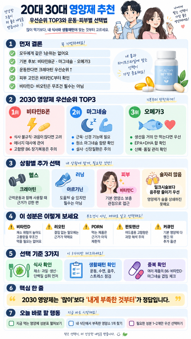 20대 30대 영양제 추천, 우선순위 TOP3와 운동·피부별 선택법