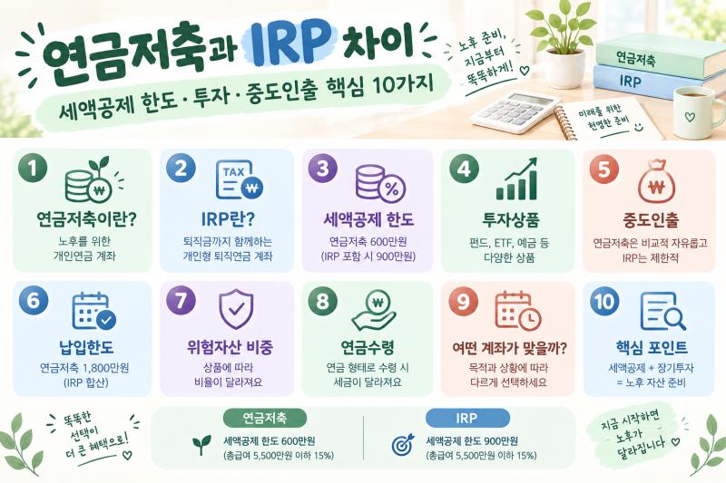 연금저축과 IRP 차이｜세액공제 한도·투자·중도인출 핵심 10가지