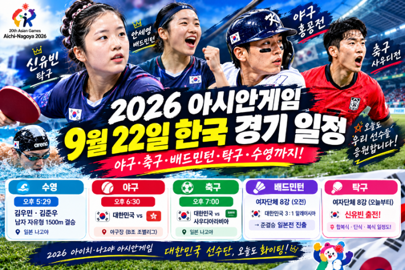 2026 아시안게임 9월 22일 한국 경기 일정 총정리! 야구 홍콩전·축구 사우디전·오늘의 주요 경....