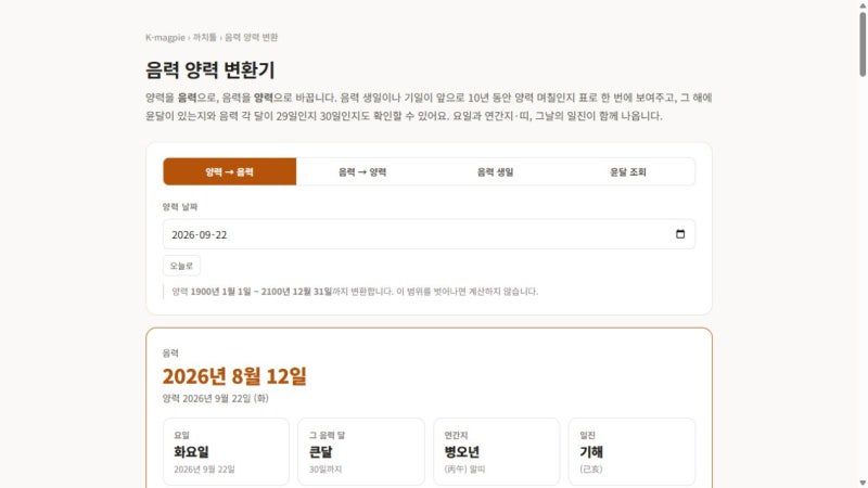 음력 양력 변환기 사용법｜음력 생일 10년 표와 윤달 확인하기