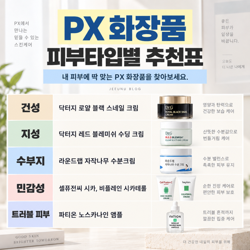 PX 화장품 피부 타입별 추천, 건성 지성 수부지 민감성 트러블 피부 뭐 사지?