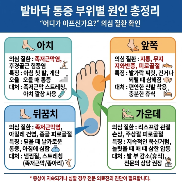 발바닥 통증 부위별 원인 총정리: 아치·앞쪽·뒤꿈치·가운데 의심 질환과 대처법