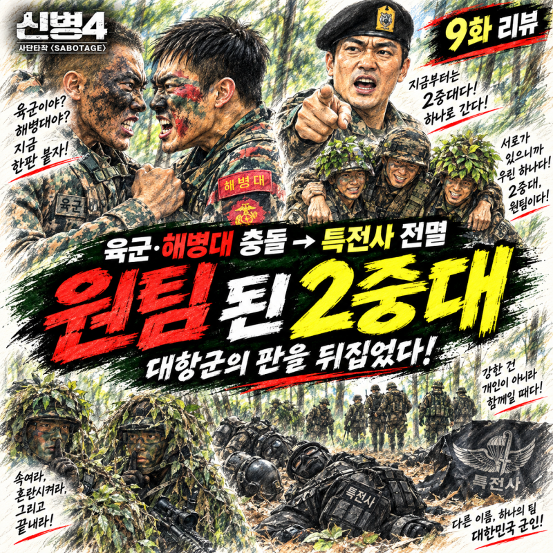 신병4 9화 리뷰｜육군·해병대 몸싸움 직전→특전사 전멸…‘원팀’ 된 2중대, 대항군의 판을....