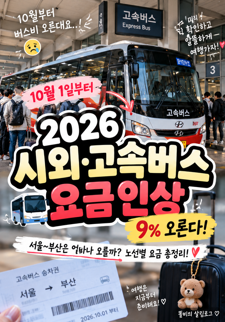 2026 시외버스·고속버스 요금 인상｜10월 1일부터 9% 오른다! 노선별 예상 요금 총정리