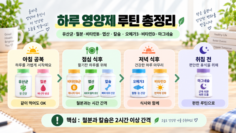 영양제 먹는 시간 총정리｜유산균·철분·비타민B·엽산·칼슘·오메가3·비타민D·마그네슘