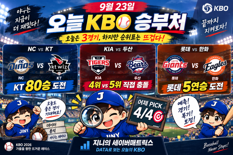 KT 80승 도전, NC 8연패 탈출 막을까｜KIA-두산 4·5위 충돌·롯데 5연승 도전｜9월 23일 오늘 KBO 승....