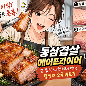통삼겹살 에어프라이어 겉바속촉 껍질 크리스피 칼집 소금 꿀팁