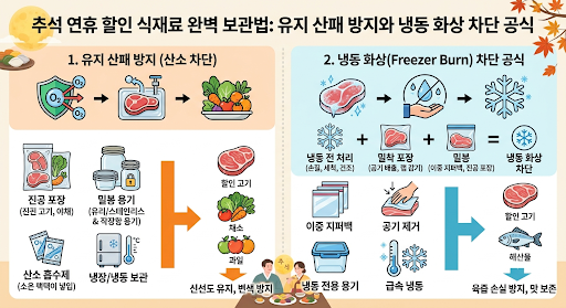 추석 연휴 먹거리 할인 식재료 완벽 보관법: 유지 산패 방지와 냉동 화상(Freezer Burn) 차단 공....