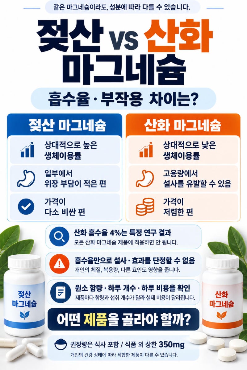 젖산 vs 산화 마그네슘, 흡수율·부작용 차이와 선택 기준