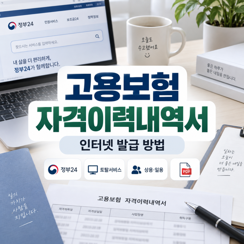 2026 고용보험 자격이력내역서 인터넷 발급 방법｜정부24·고용산재보험 토탈서비스 무료·상....