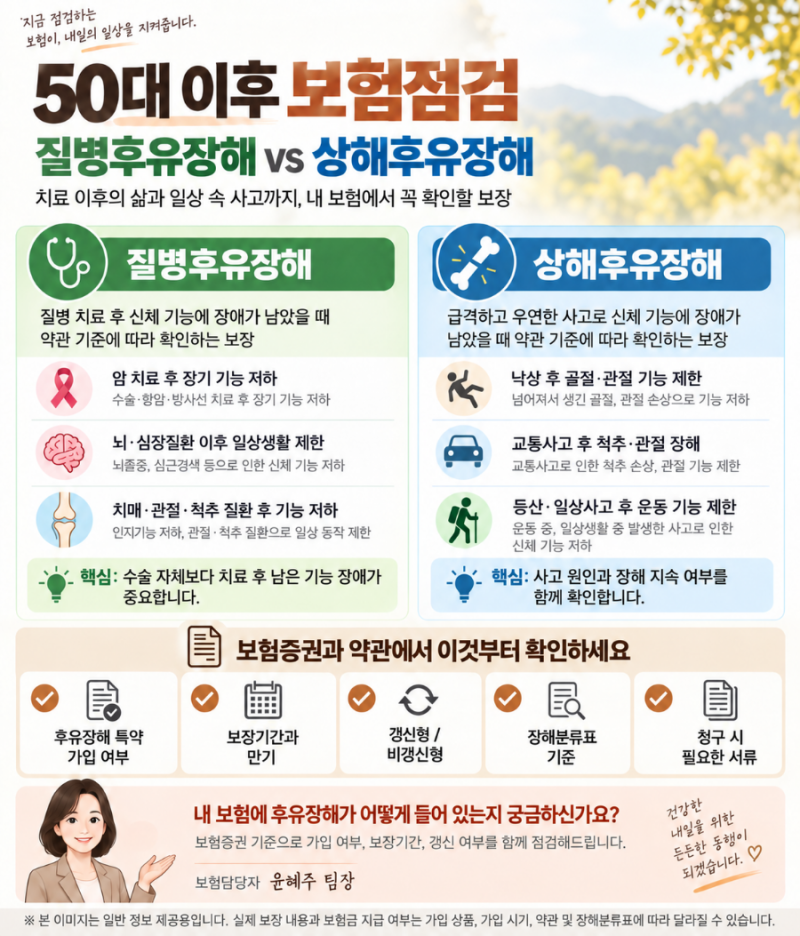 50대 이후 보험점검｜질병후유장해 vs 상해후유장해, 무엇이 다를까요?