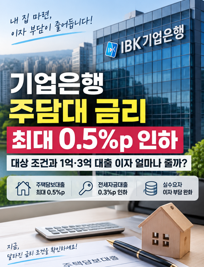 기업은행 주담대 금리 0.5%p 인하｜대상 조건과 1억·3억 대출 이자 얼마나 줄까?