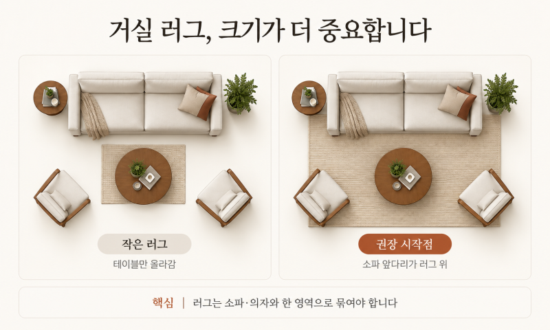 거실러그 사이즈, 소파 앞에만 깔면 왜 더 작아 보일까? ‘앞다리’가 기준입니다