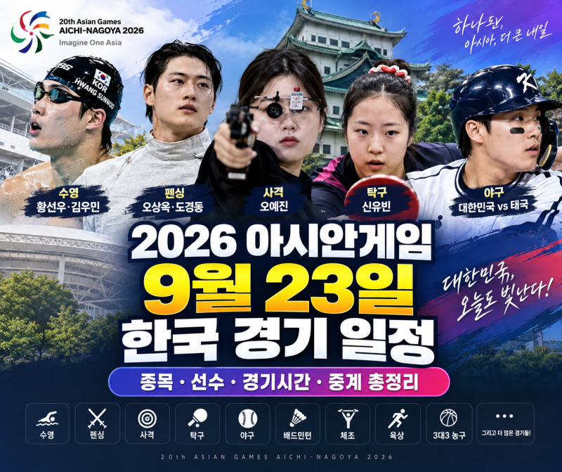 2026 아시안게임 9월 23일 한국 경기 일정｜종목·선수·경기시간·중계 총정리