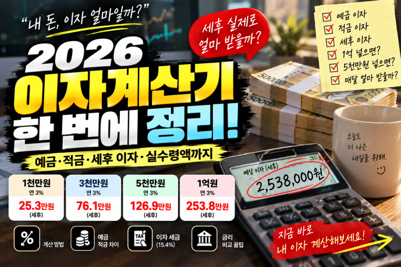 이자계산기 2026｜예금 1억·5천만원·3천만원 넣으면 이자 얼마? 세후 실수령액 계산법