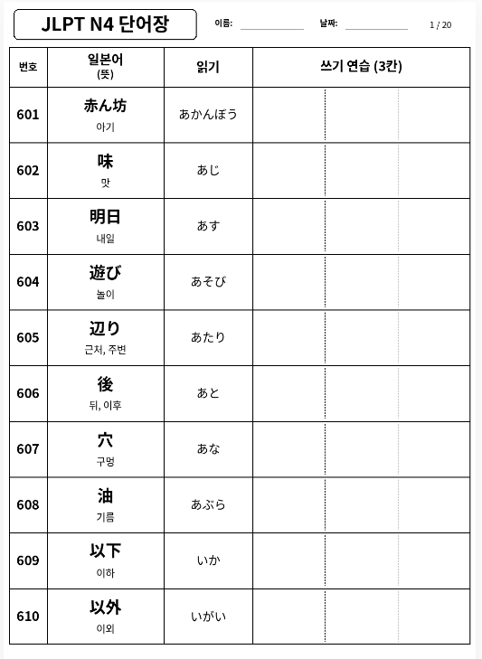 JLPT N4 단어 완성하기④｜601~800단어