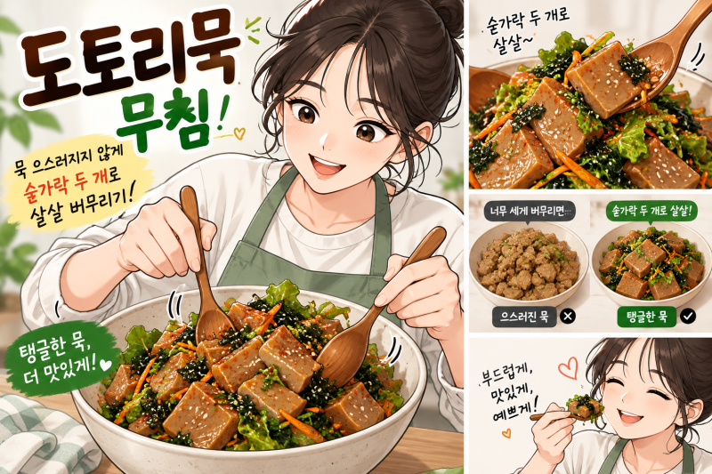 도토리묵 무침 으스러지지 않게 숟가락 두 개로 버무리는 법