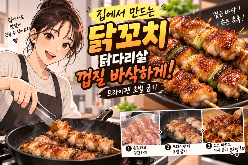 집에서 만드는 닭꼬치 닭다리살 껍질 바삭하게 프라이팬 초벌 굽기 비법