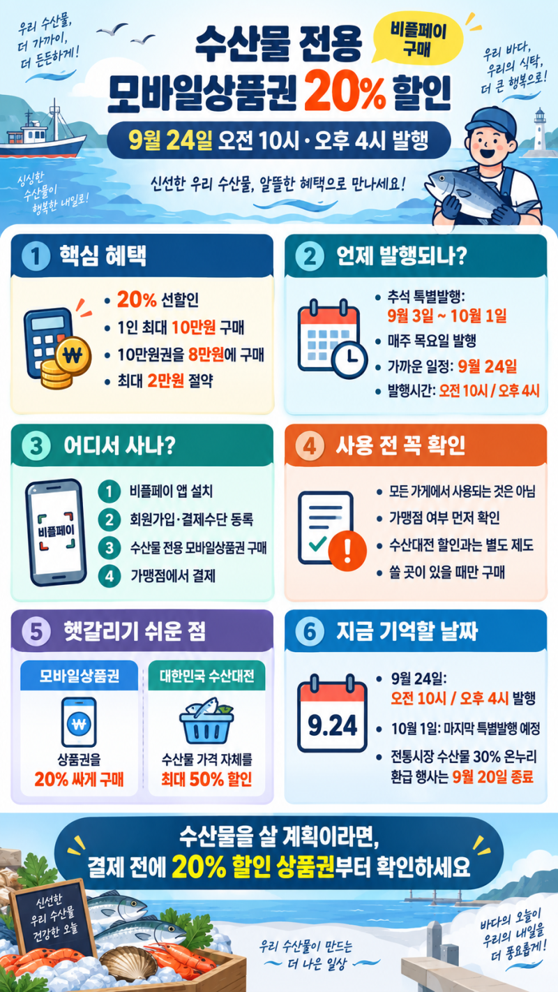 수산물 전용 모바일상품권 20% 할인｜9월 24일 오전 10시·오후 4시 발행, 비플페이 구매방법은?