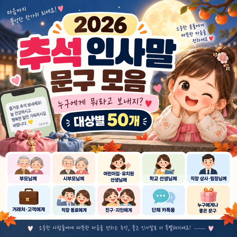 추석 인사말 카톡 문구 모음｜부모님·어린이집 선생님·직장 상사·거래처 대상별 50개
