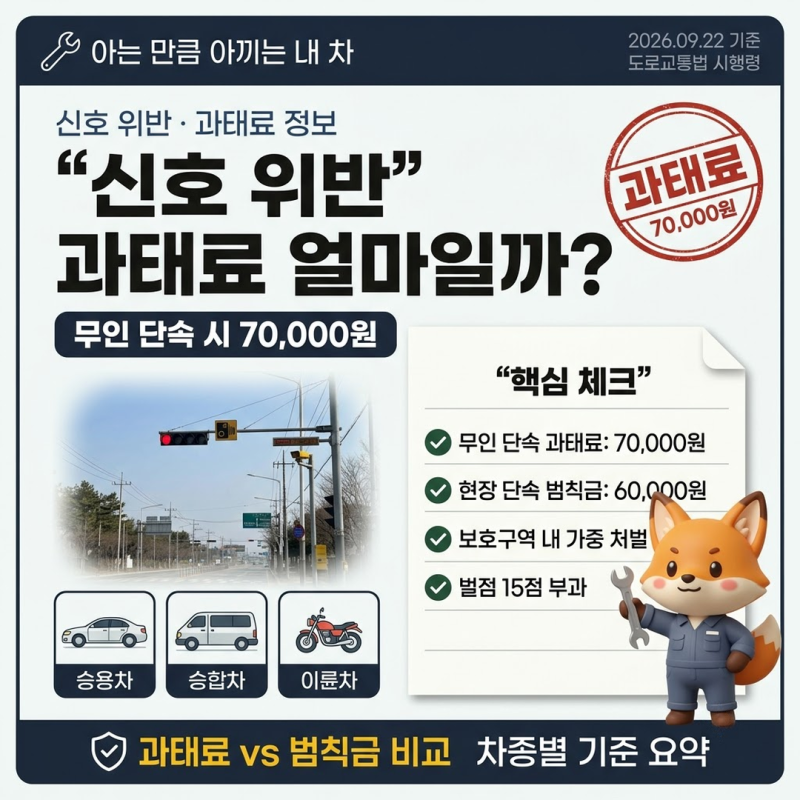 신호위반과태료얼마 승용차 7만원, 현장단속은 범칙금 6만원에 벌점 15점