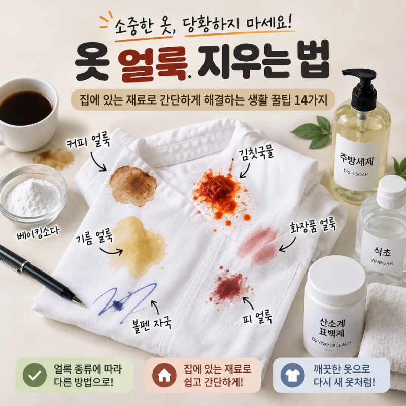 옷 얼룩 지우는 법 총정리｜기름·커피·김칫국물·볼펜 자국 껌 등 얼룩 제거하는 생활 꿀팁