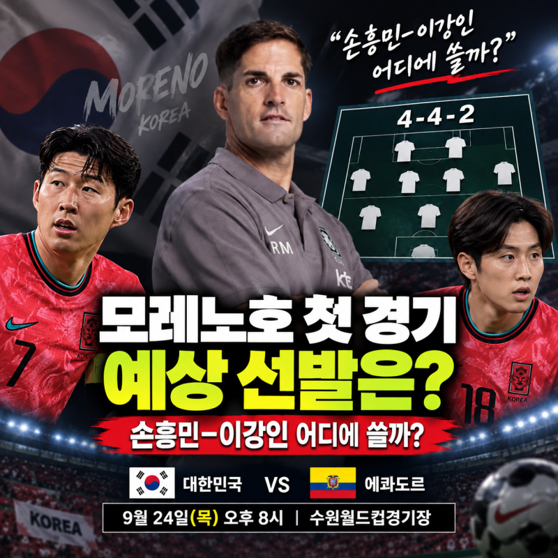 손흥민-이강인 어디에 쓸까? 모레노호 첫 경기 에콰도르전 예상 선발은?(+ 4-4-2 드디어 공개, 2....
