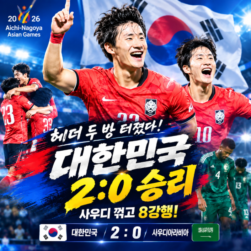 “헤더 두 방 터졌다!” 대한민국, 사우디 2:0 격파…조 1위 8강행