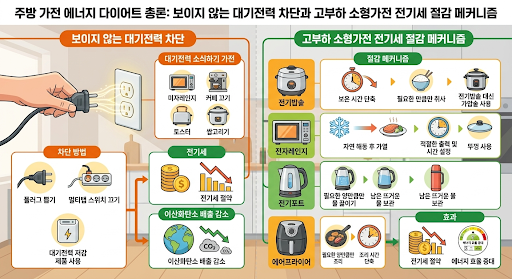 주방 가전 에너지 다이어트 총론: 보이지 않는 대기전력 차단과 고부하 소형가전 전기세 절....