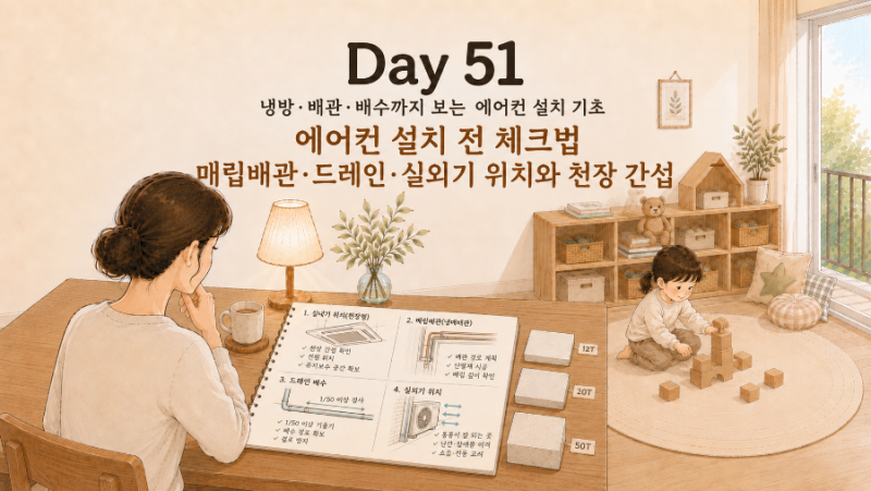 인테리어 기초 51｜에어컨 설치 전 체크법: 매립배관·드레인·실외기 위치와 천장 간섭