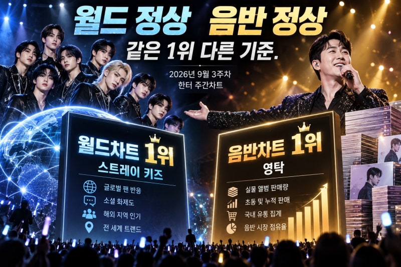 스트레이 키즈·영탁, 한터 주간차트 1위…월드·음반 기준은 달랐다