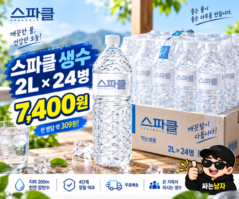 스파클 생수 2L 24병 7,400원! 한 병 309원 가성비 생수 후기
