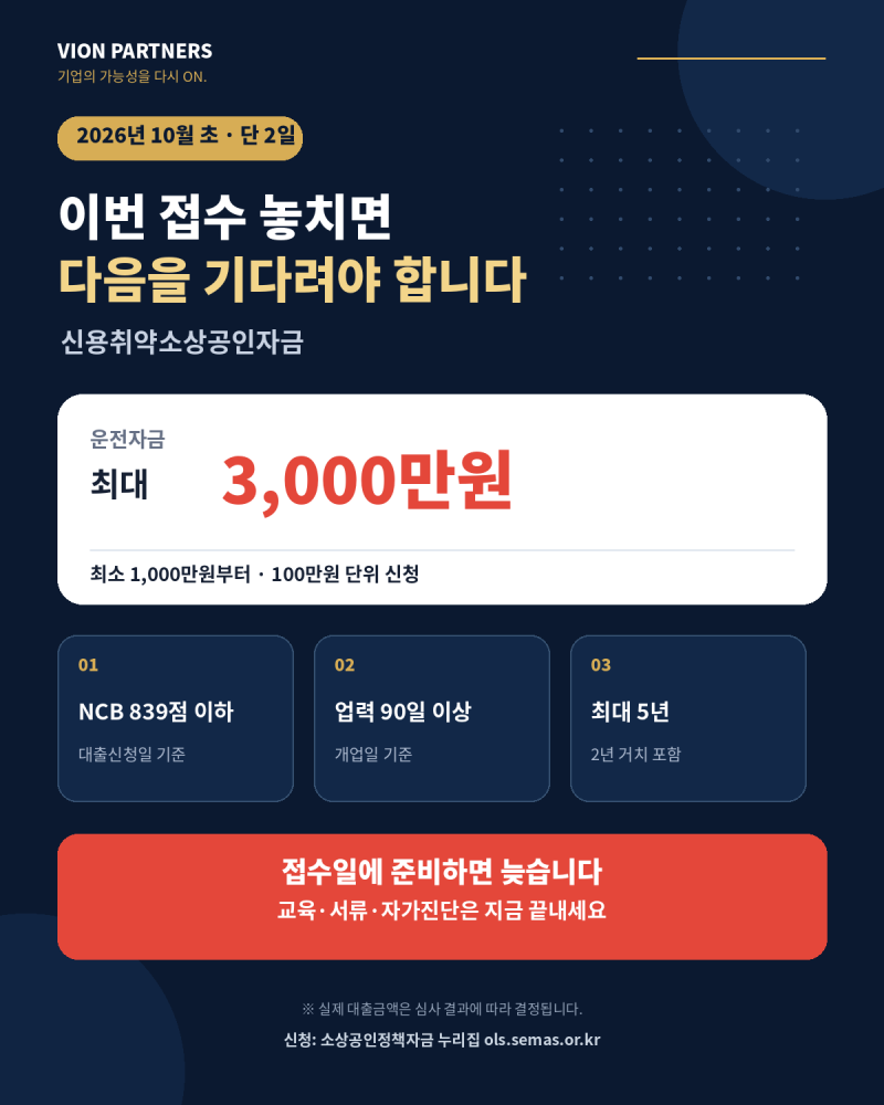 10월 초 단 2일! 신용취약소상공인자금, 준비 안 하면 신청도 못 합니다