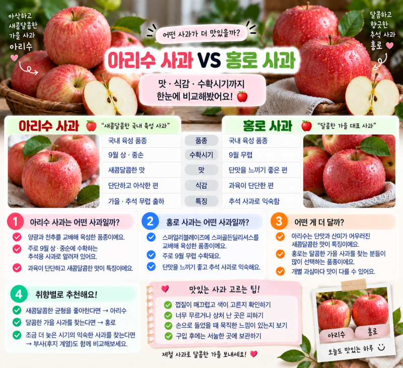 아리수 사과 vs 홍로 사과 차이, 뭐가 더 달까? 맛·식감·수확시기 비교