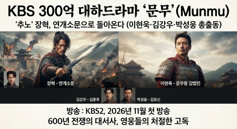 ⚔️ KBS 300억 대하드라마 '문무' 11월 방송 확정! '추노' 장혁, 연개소문으로 돌아온다 (이현욱....