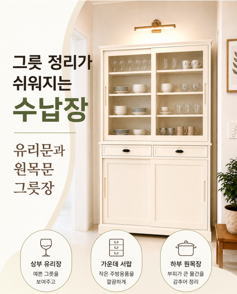 그릇 정리가 쉬워지는 원목 그릇장, 유리문과 원목문으로 나누는 주방 수납