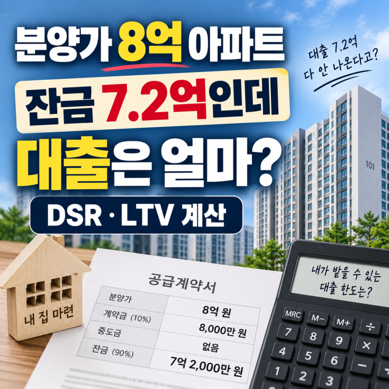 분양가 8억 아파트, 잔금 7.2억인데 대출은 얼마? DSR·LTV 계산