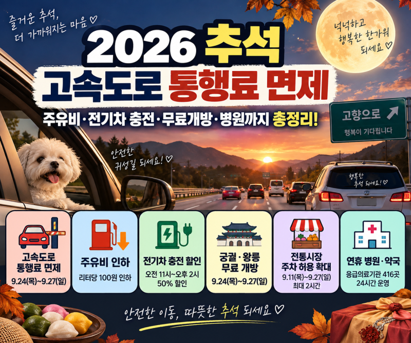 2026 추석 고속도로 통행료 면제 기간은?