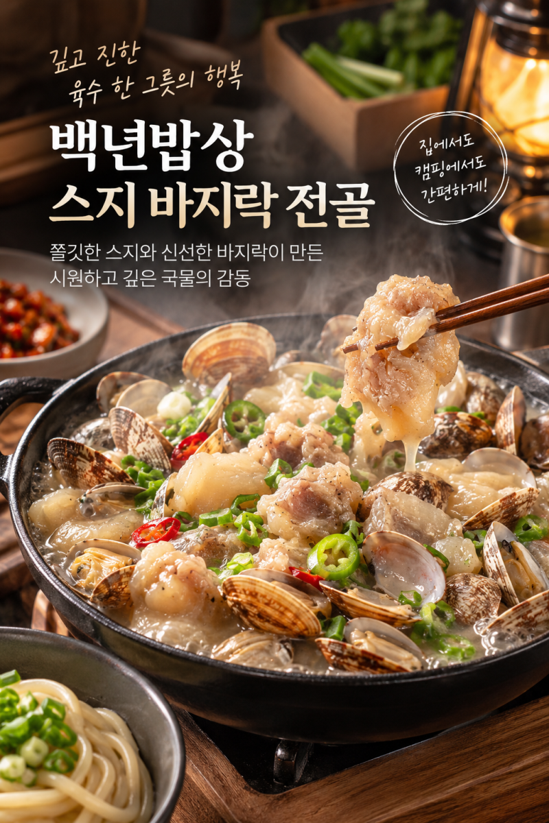백년밥상 스지 바지락 전골 밀키트, 진한 사골육수에 쫄깃한 스지까지