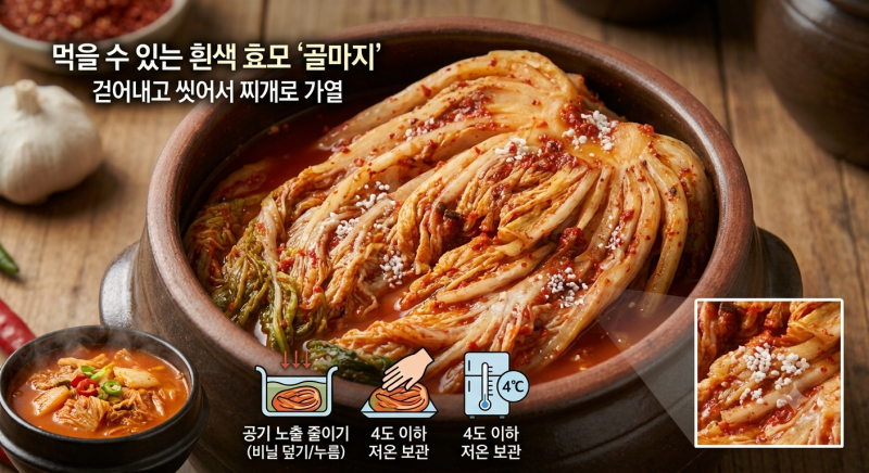 ⚠️ 김치에 핀 '초록 반점', 찌개로 끓이면 괜찮을까? (골마지 vs 곰팡이 구별법)