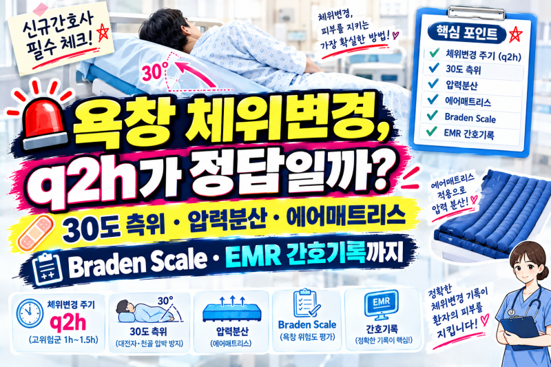 욕창 체위변경 간호 총정리｜q2h·30도 측위·에어매트리스·체위변경주기·발적부위 마사지X