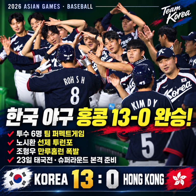 한국 야구 홍콩전 13-0 완승, 팀 퍼펙트게임 노시환 투런 조형우 만루홈런 태국전 일정 총정리