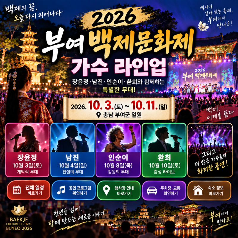 2026 부여 백제문화제 가수 라인업, 장윤정·남진·인순이·환희 공연날짜 총정리