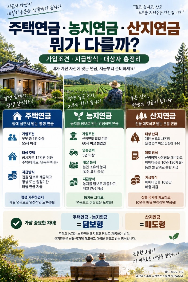 주택연금·농지연금·산지연금 뭐가 다를까?가입조건·지급방식·대상자 총정리