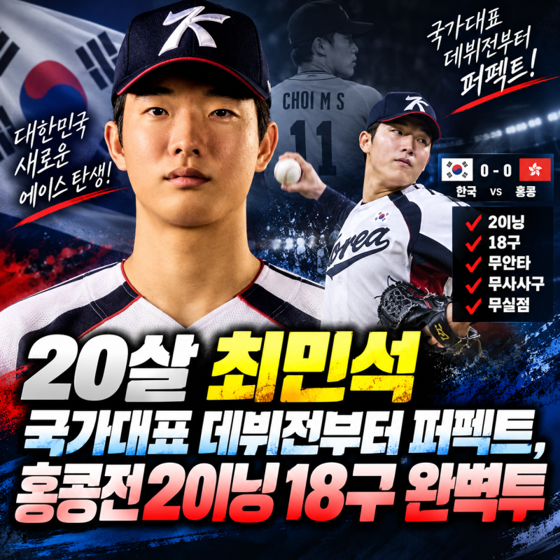 “20살 최민석 국가대표 데뷔전부터 퍼펙트, 홍콩전 2이닝 18구 완벽투”